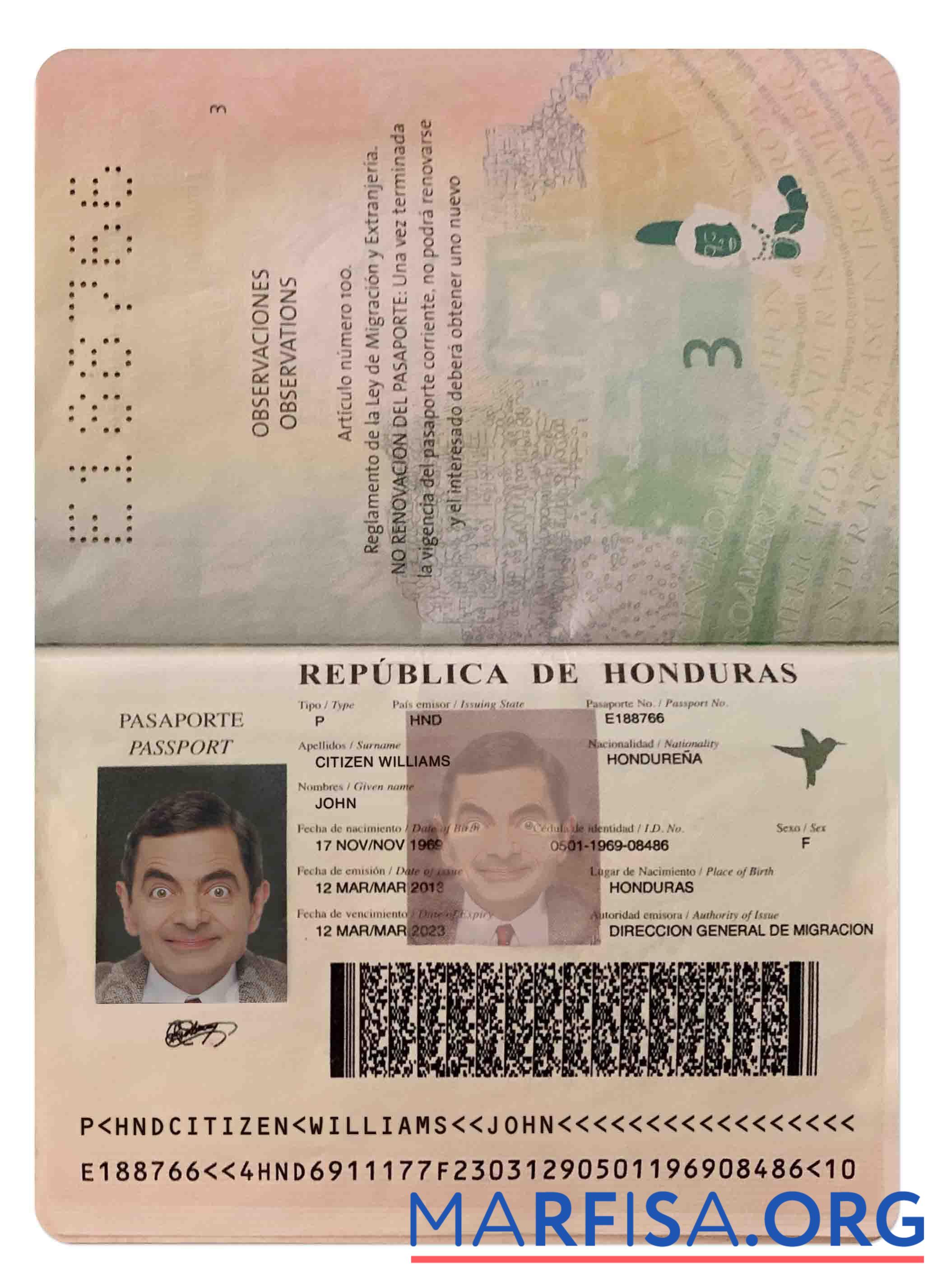 Printable Honduras passport real example